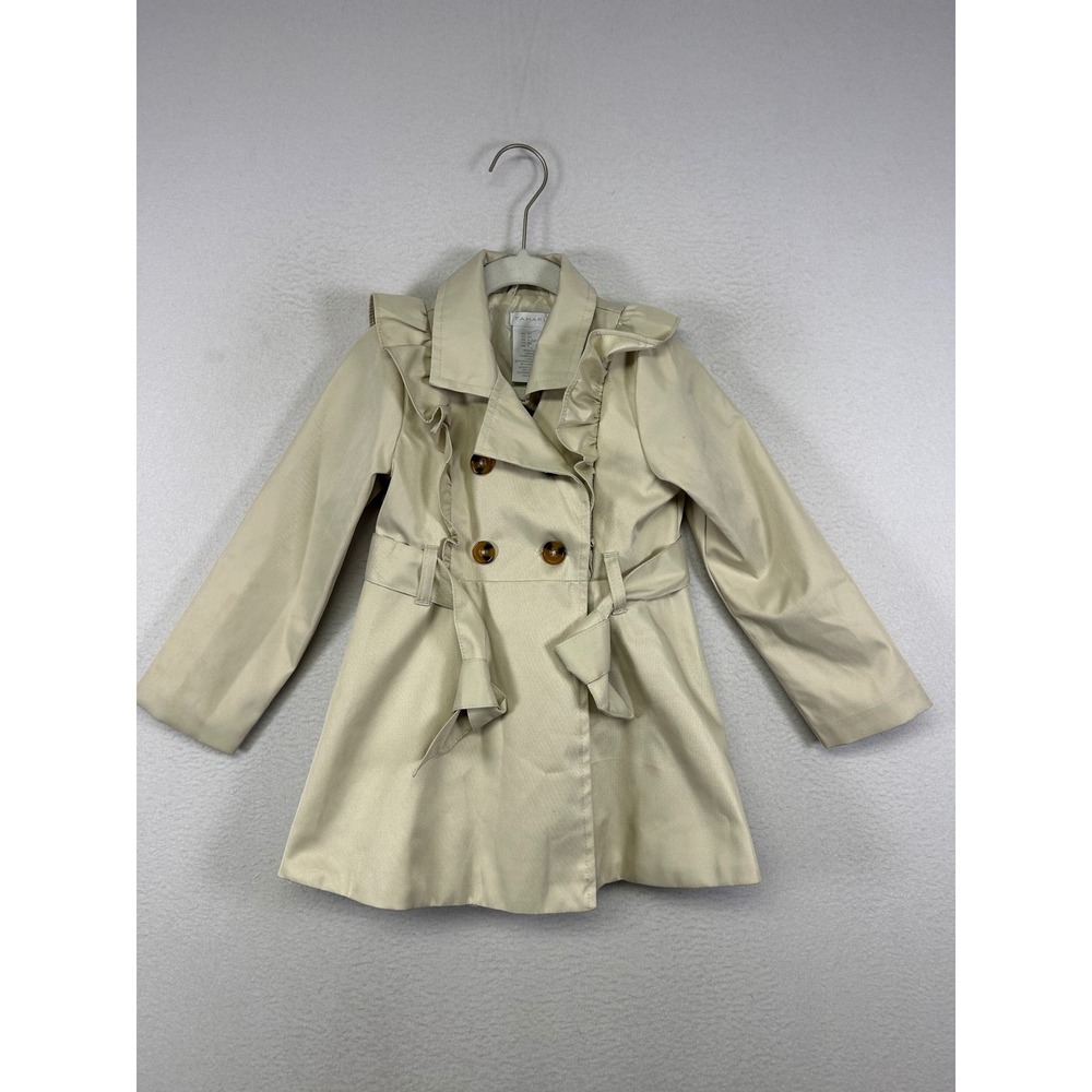 Classic Preppy Tahari Kids 3T Tan Ruffle Trim Double Breasted Trench Coat Jacket